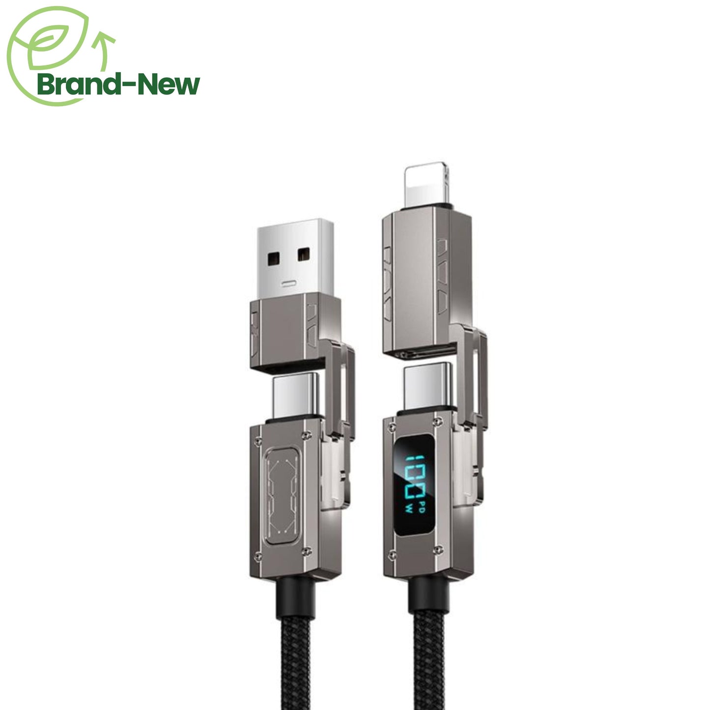 100W SUPER FAST 4-IN-1 CHARGING DUAL USB, TYPE-C & LIGHTNING DATA CABLE