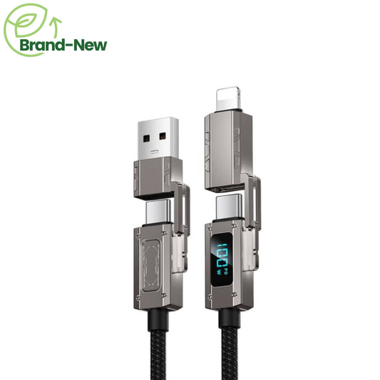 100W SUPER FAST 4-IN-1 CHARGING DUAL USB, TYPE-C & LIGHTNING DATA CABLE