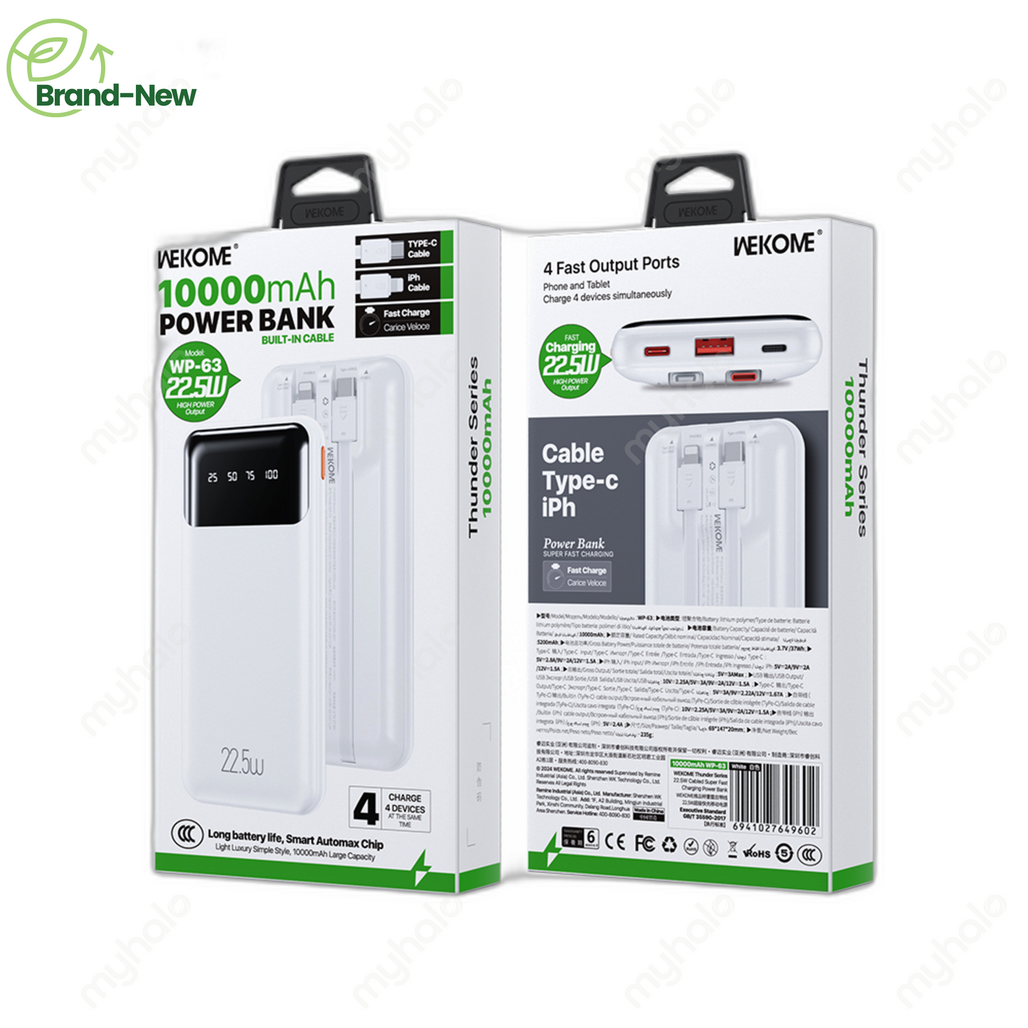 [BRAND NEW] WEKOME WP-63 10000MAH POWER BANK WITH BUILT-IN CABLES