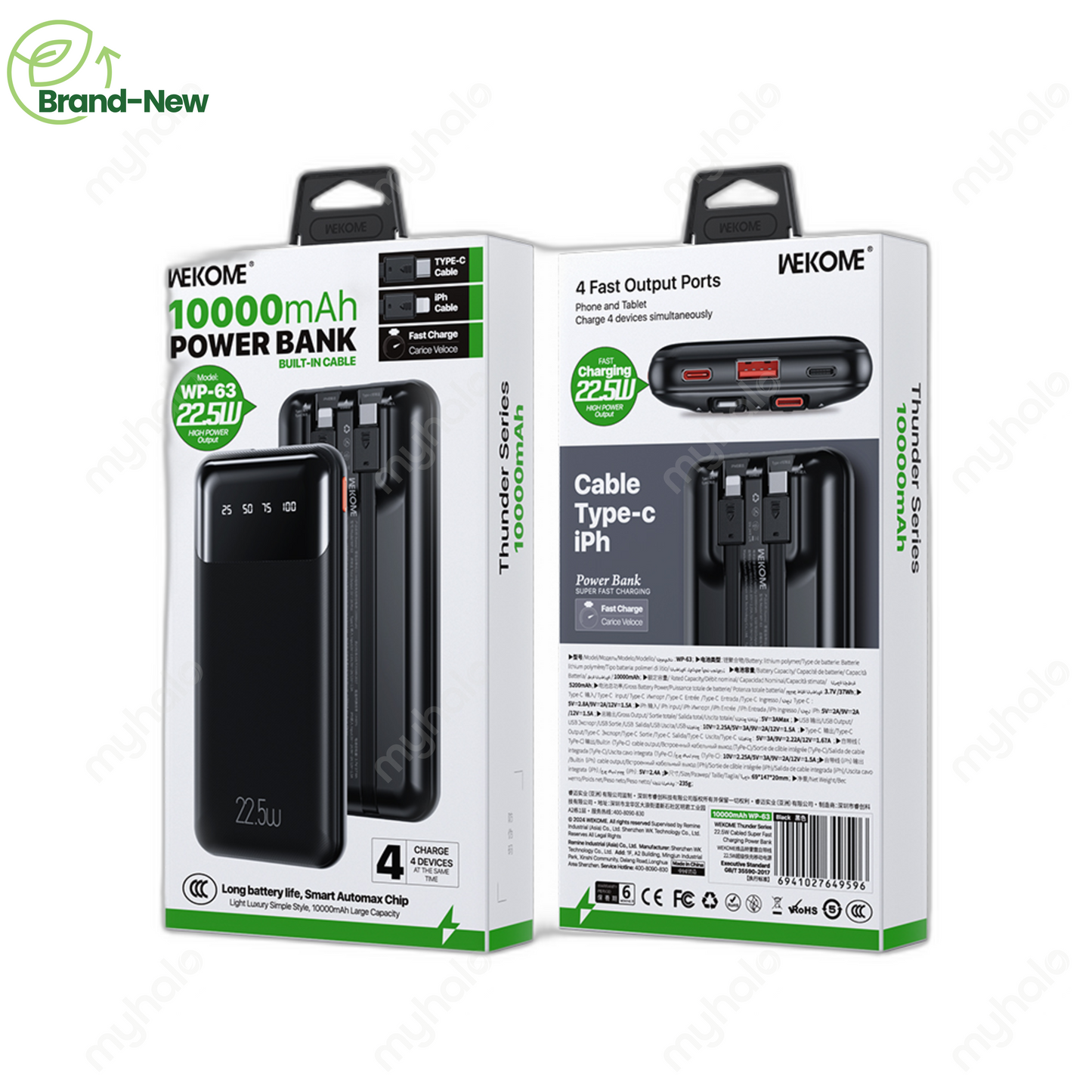 [BRAND NEW] WEKOME WP-63 10000MAH POWER BANK WITH BUILT-IN CABLES
