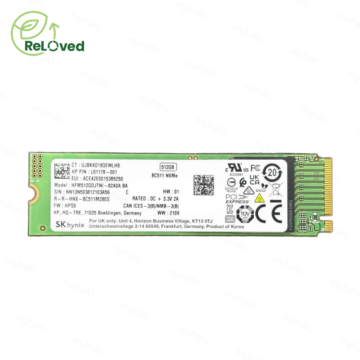 [CERTIFIED RELOVED] SK hynix 512GB SSD PCIe Gen 3 NVMe M.2 2280 (HFM512GDJTNI)