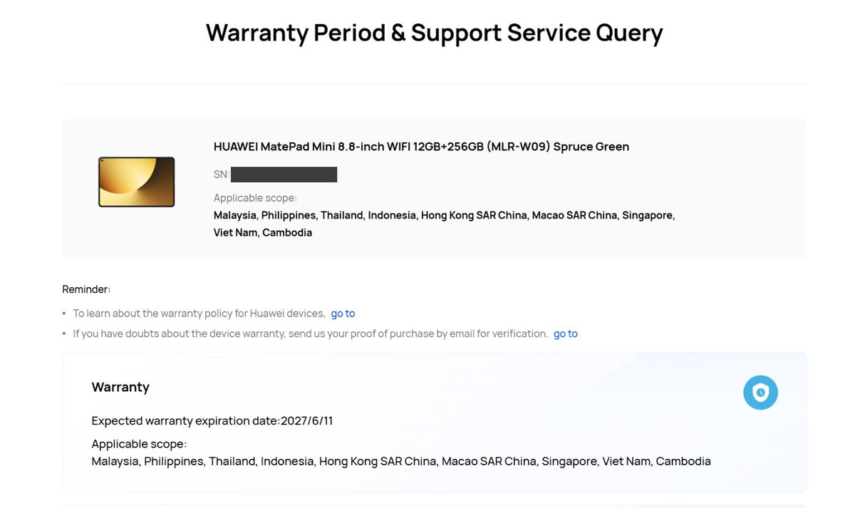 Huawei warranty check (serial censored)